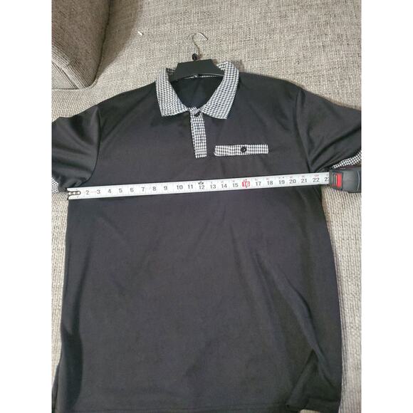Mens Black Polo With Checkered Collar And Sleeve Ends - Picture 2 of 5